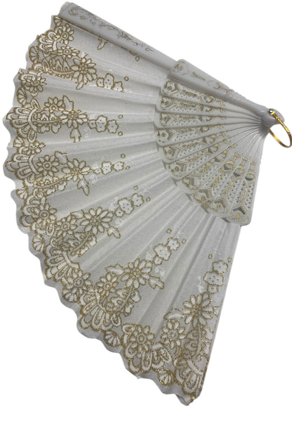 White and Gold Hand Fan With Gold Glitter Detail (J)