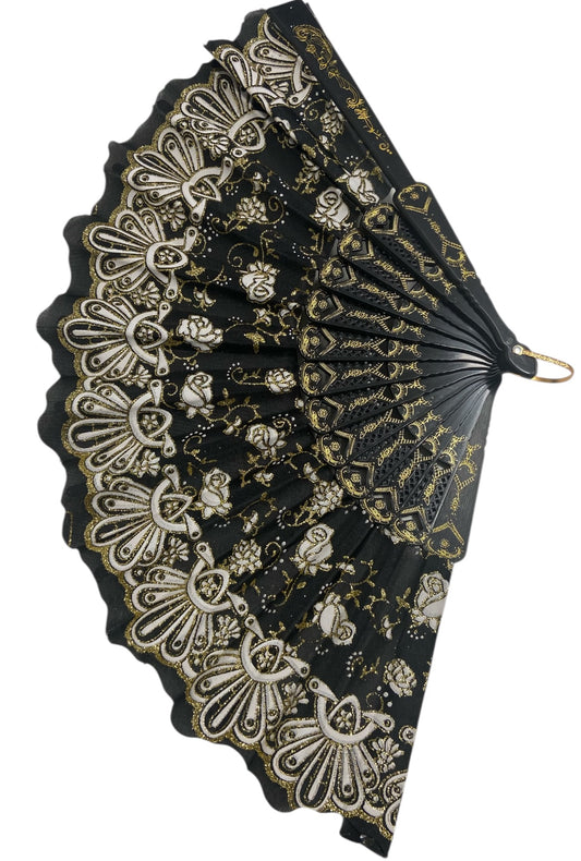 Black and Gold Hand Fan With Roses