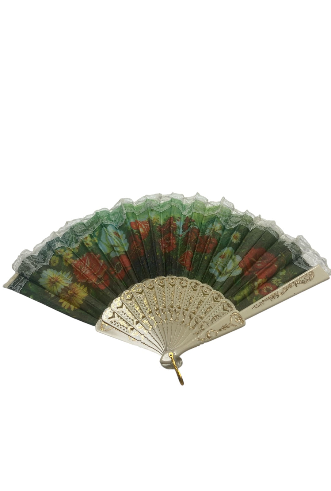 Cream and Gold Hand Fan With Green, Yellow and Red Watercolour Flowers (K)