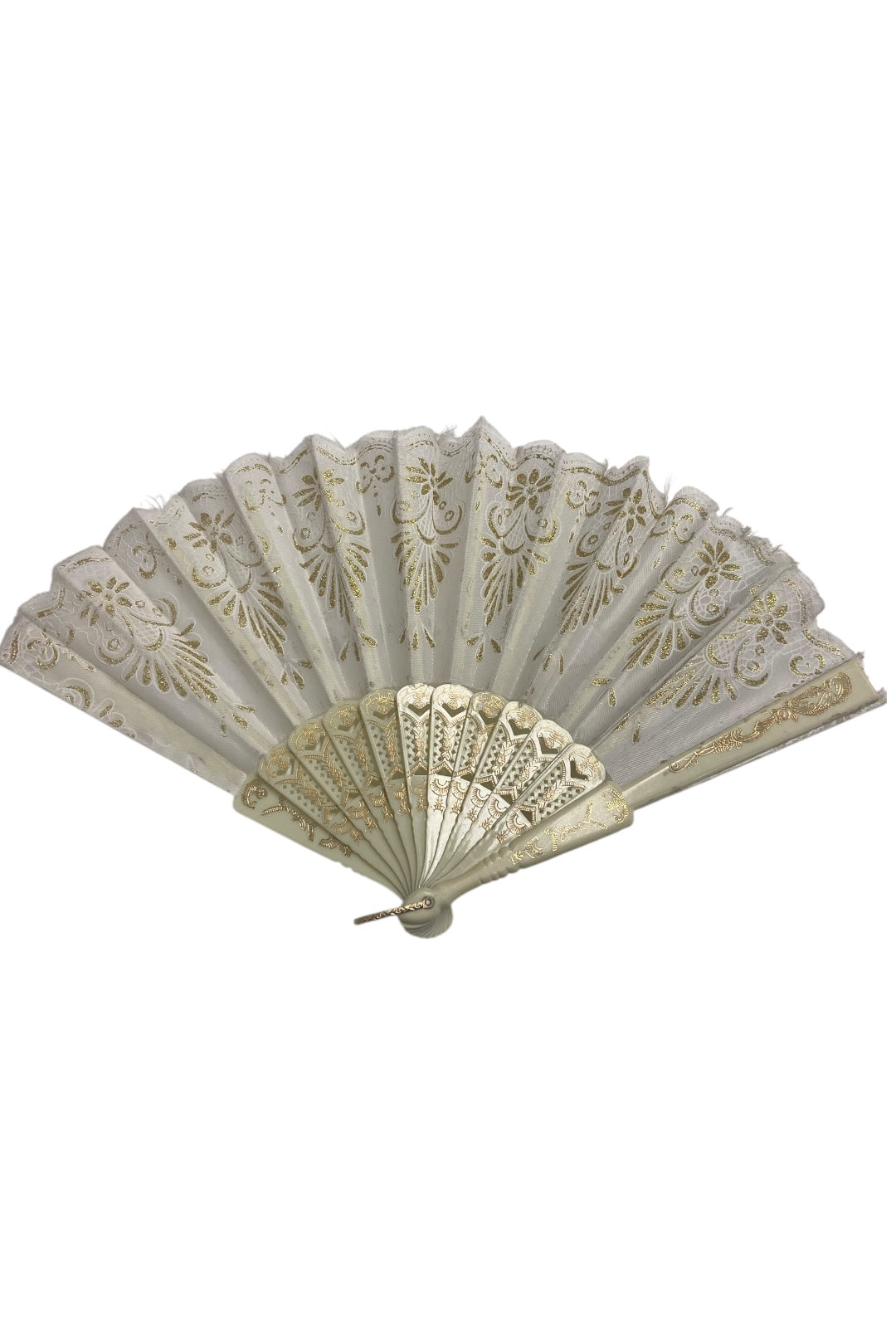 Cream and Gold Hand Fan With Gold Glitter Flowers (G)