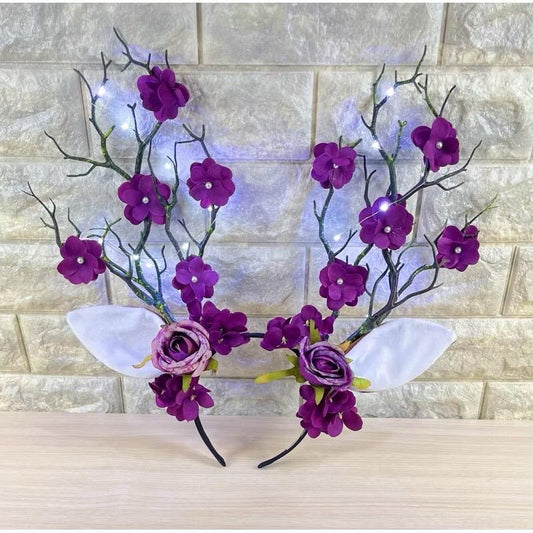 Purple Floral Antler Headband With LED's