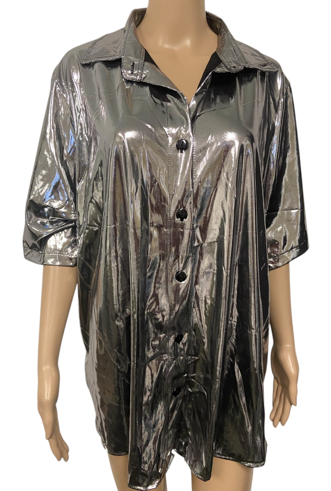 Metallic Gunmetal Silver Button Up Shirt