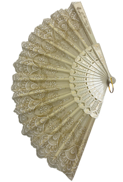 Cream and Gold Hand Fan With Gold Glitter Pattern (A)