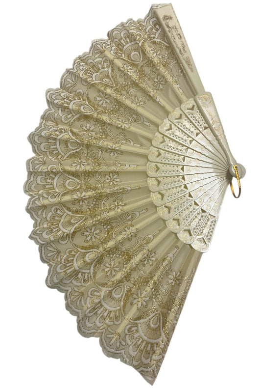 Cream and Gold Hand Fan With Gold Glitter Pattern (A)