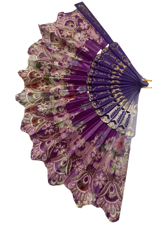 Purple and Gold Hand Fan With Flowers