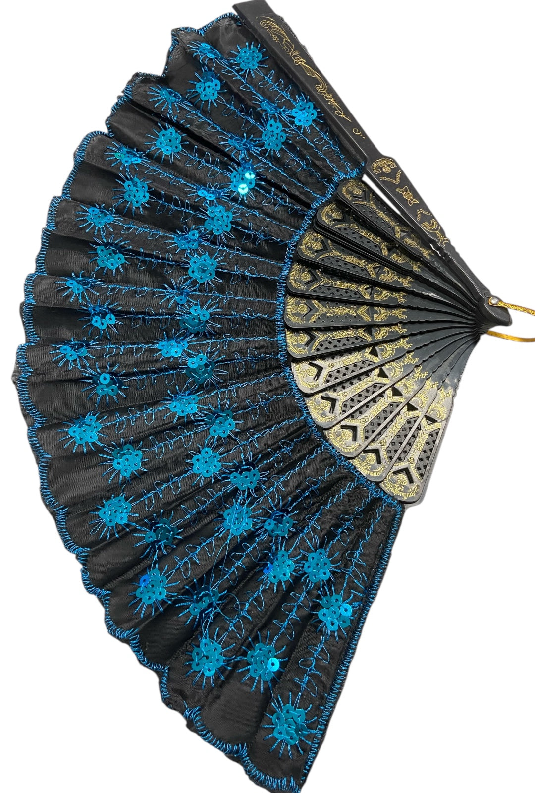 Black Hand Fan With Teal Sequins