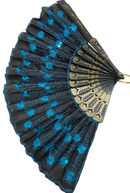 Black Hand Fan With Teal Sequins