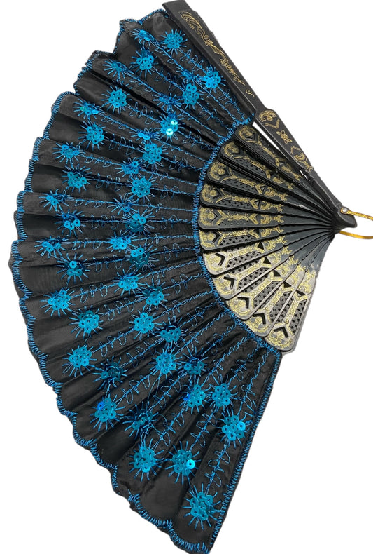 Black Hand Fan With Teal Sequins