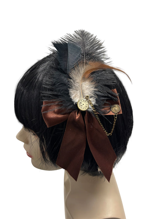 Steampunk Brown Hair Bow with Clock