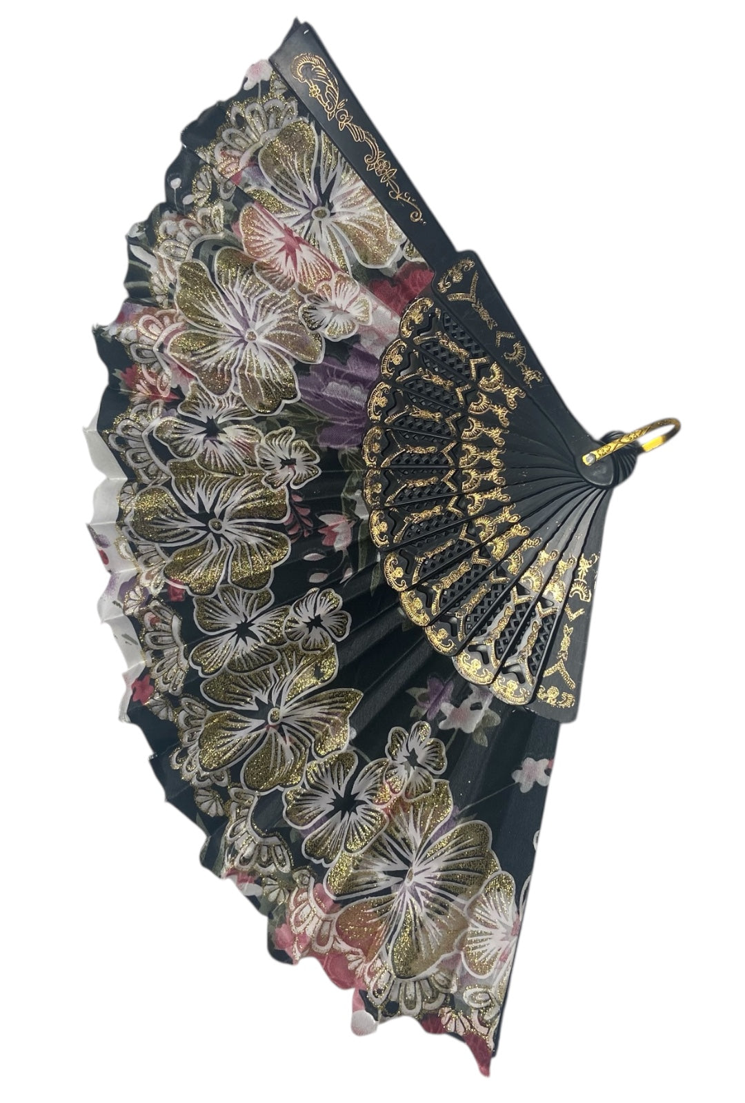 Black and Gold Hand Fan With Gold Glitter Flowers