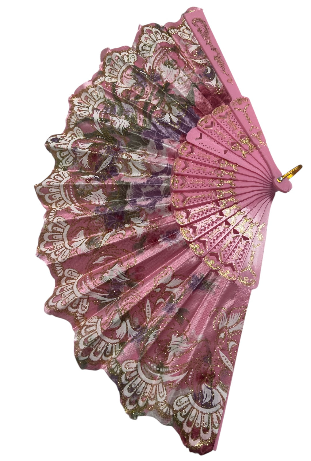Pink and Gold Hand Fan With Flowers