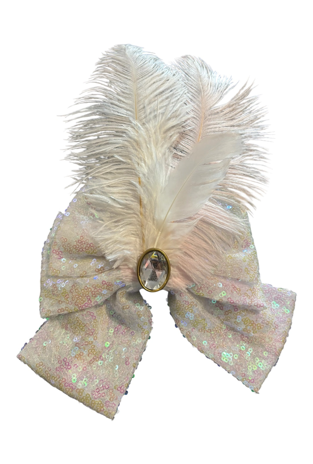 White iridescent Sequin Bow With Feather