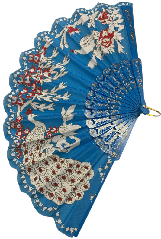 Blue and Gold Hand Fan With Peacock and Roses