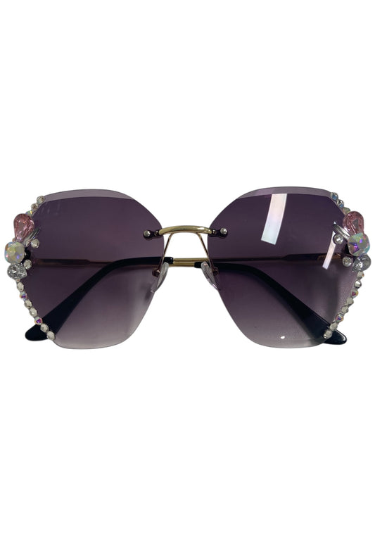 dark grey retro style glasses with dark grey tinted lens and crystal embellishments on side