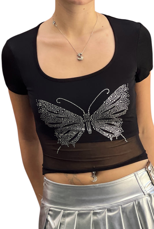 rhinestone butterfly top black festival alternative fashion