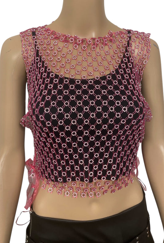 Pink Lace Up Crystal Mesh Top
