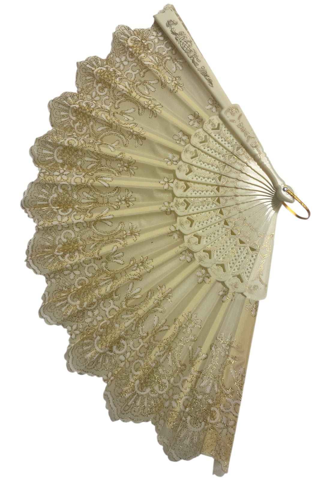 Cream and Gold Hand Fan With Gold Glitter Flowers (F)