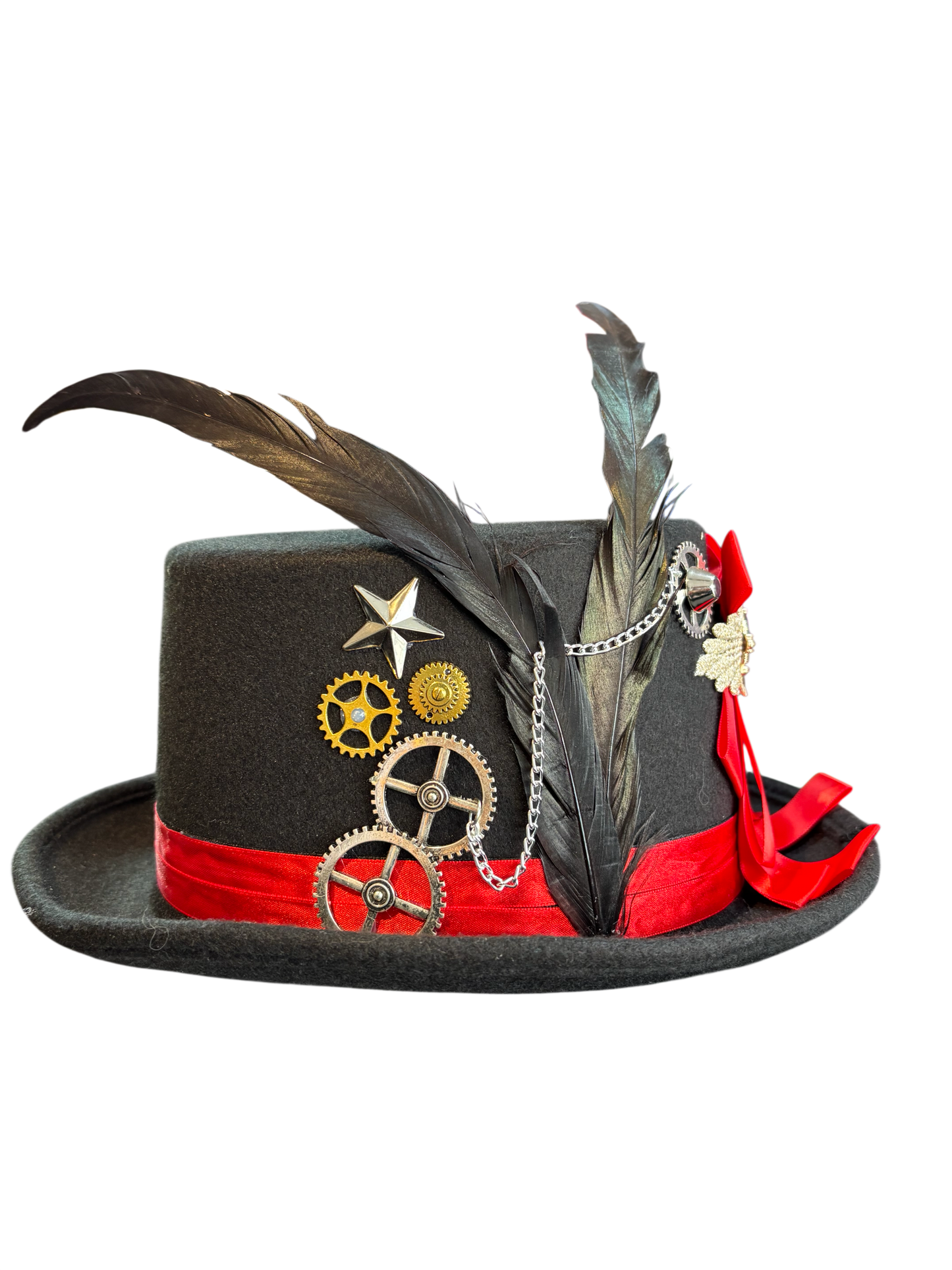 Steampunk Top Hat With Red Ribbon And Cog