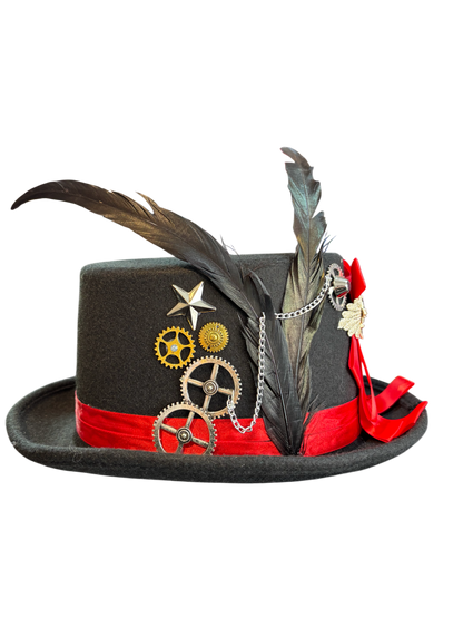 Steampunk Top Hat With Red Ribbon And Cog