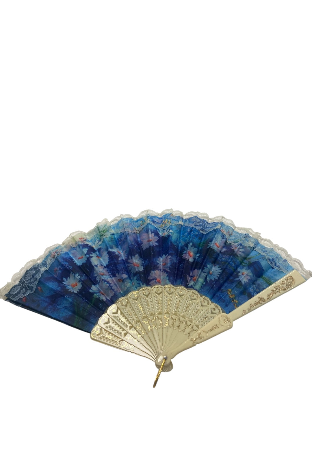 Cream and Gold Hand Fan With Blue and White Watercolour Daisies (N)