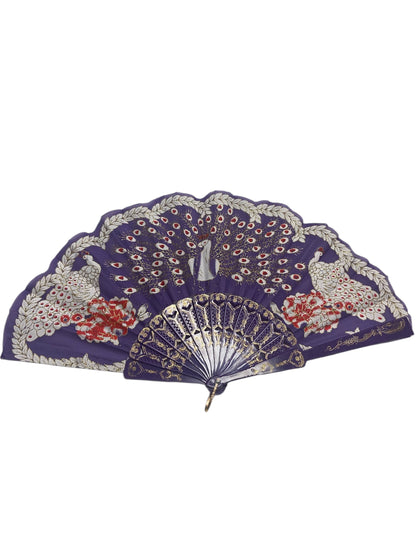 Purple and Gold Hand Fan With Peacock and Roses