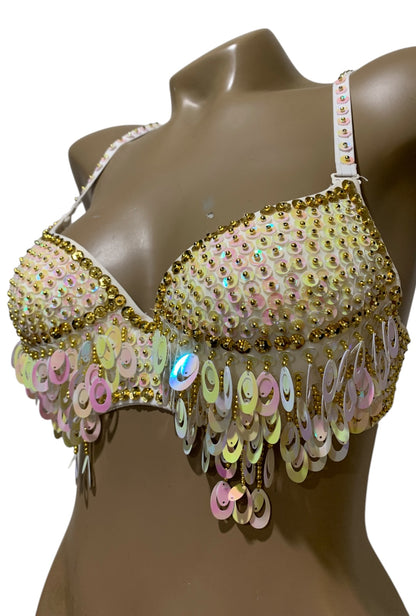 White with Gold & Iridescent Pink Sequin Fringe Bra Top