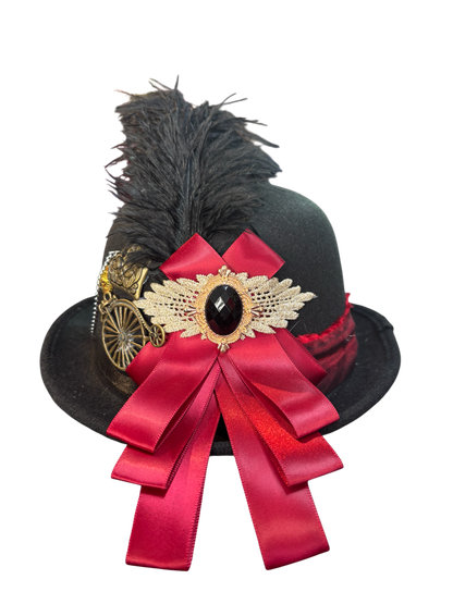 Steampunk Bowler Hat With Red Ribbon And  Gem