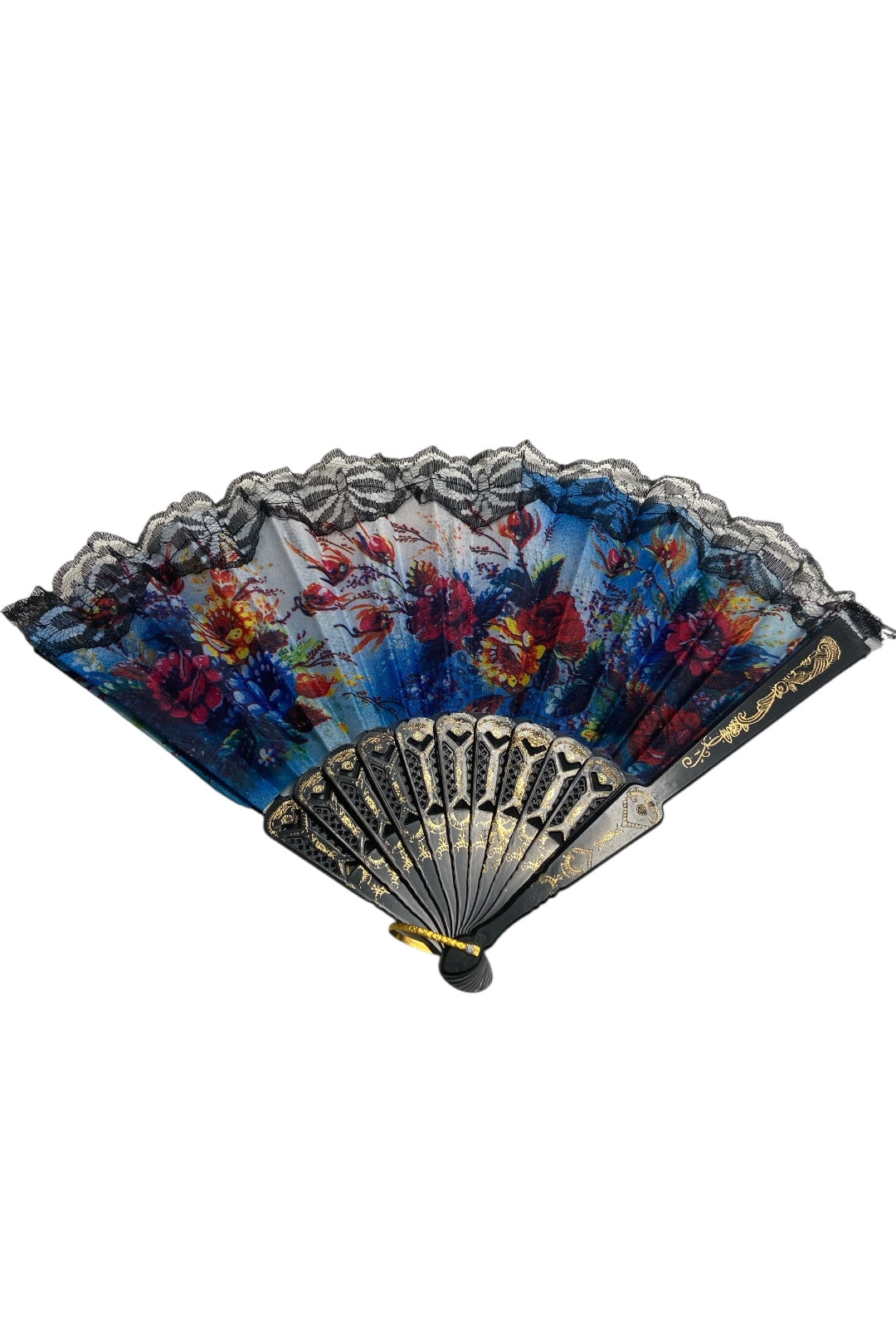 Black and Gold Hand Fan With Watercolour Flowers (X)