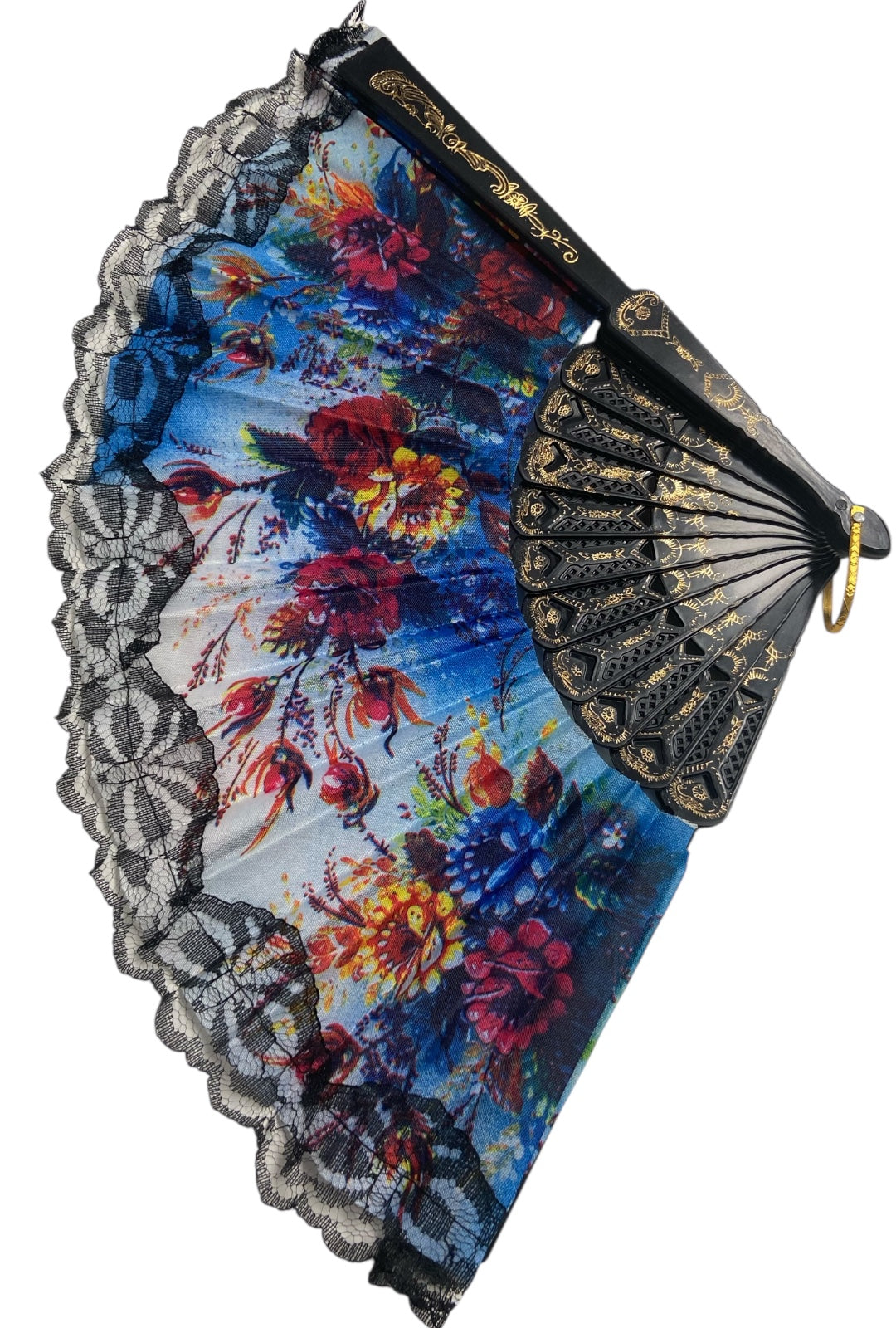 Black and Gold Hand Fan With Watercolour Flowers (X)