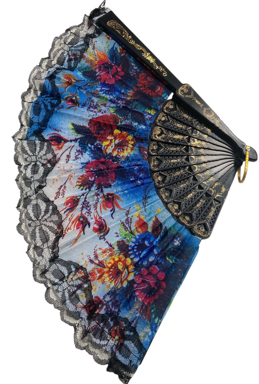 Black and Gold Hand Fan With Watercolour Flowers (X)