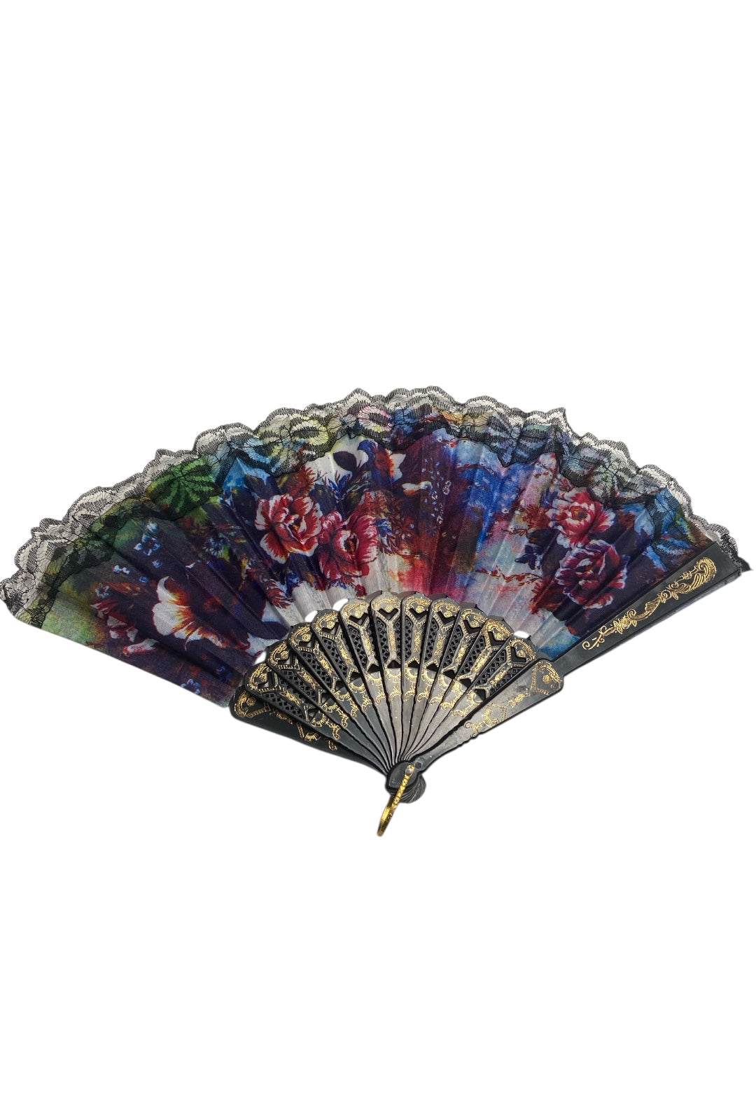 Black and Gold Hand Fan With Watercolour Flowers (Y)