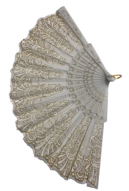 White and Gold Hand Fan With Gold Glitter Detail (L)