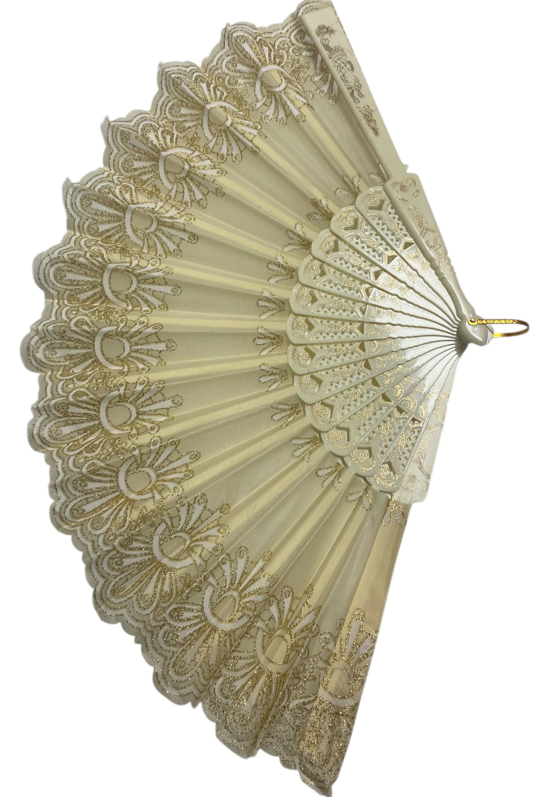Cream and Gold Hand Fan With Gold Glitter Detail (B)