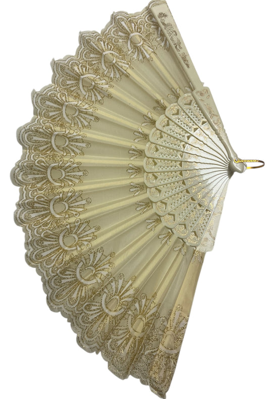 Cream and Gold Hand Fan With Gold Glitter Detail (B)