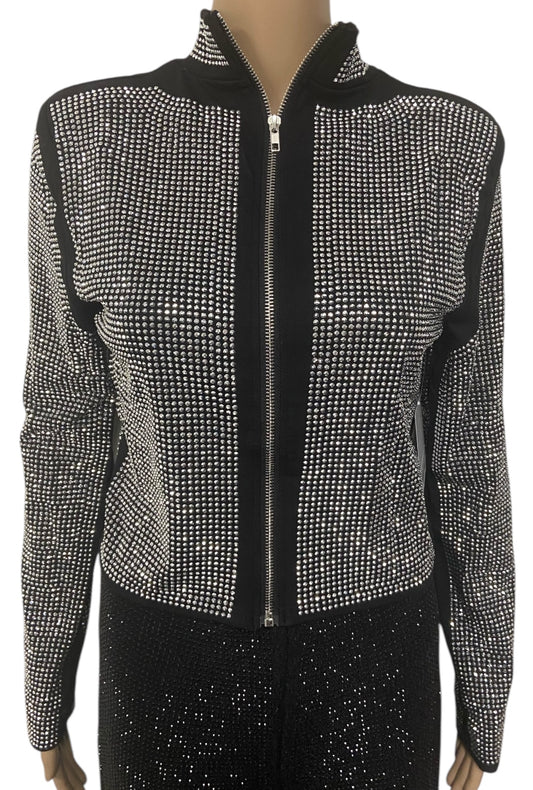 Black Zip Up Jacket With Silver Rhinestones