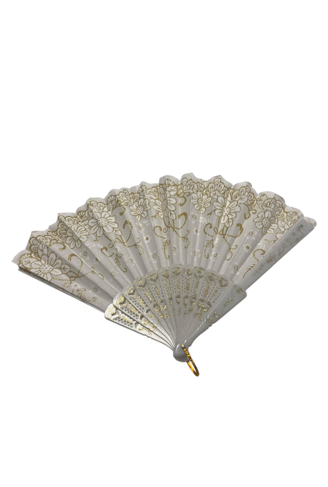 White and Gold Hand Fan With Gold Glitter Flowers (A)