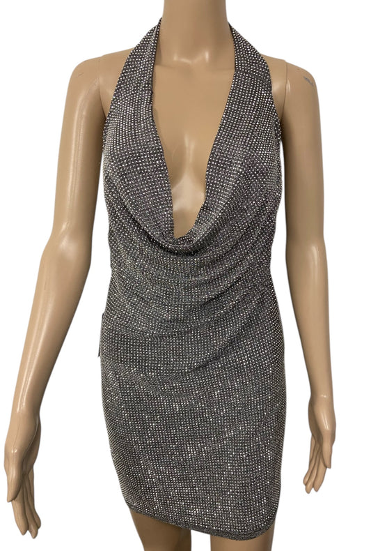 Gunmetal Grey Halter Dress With Silver Rhinestones
