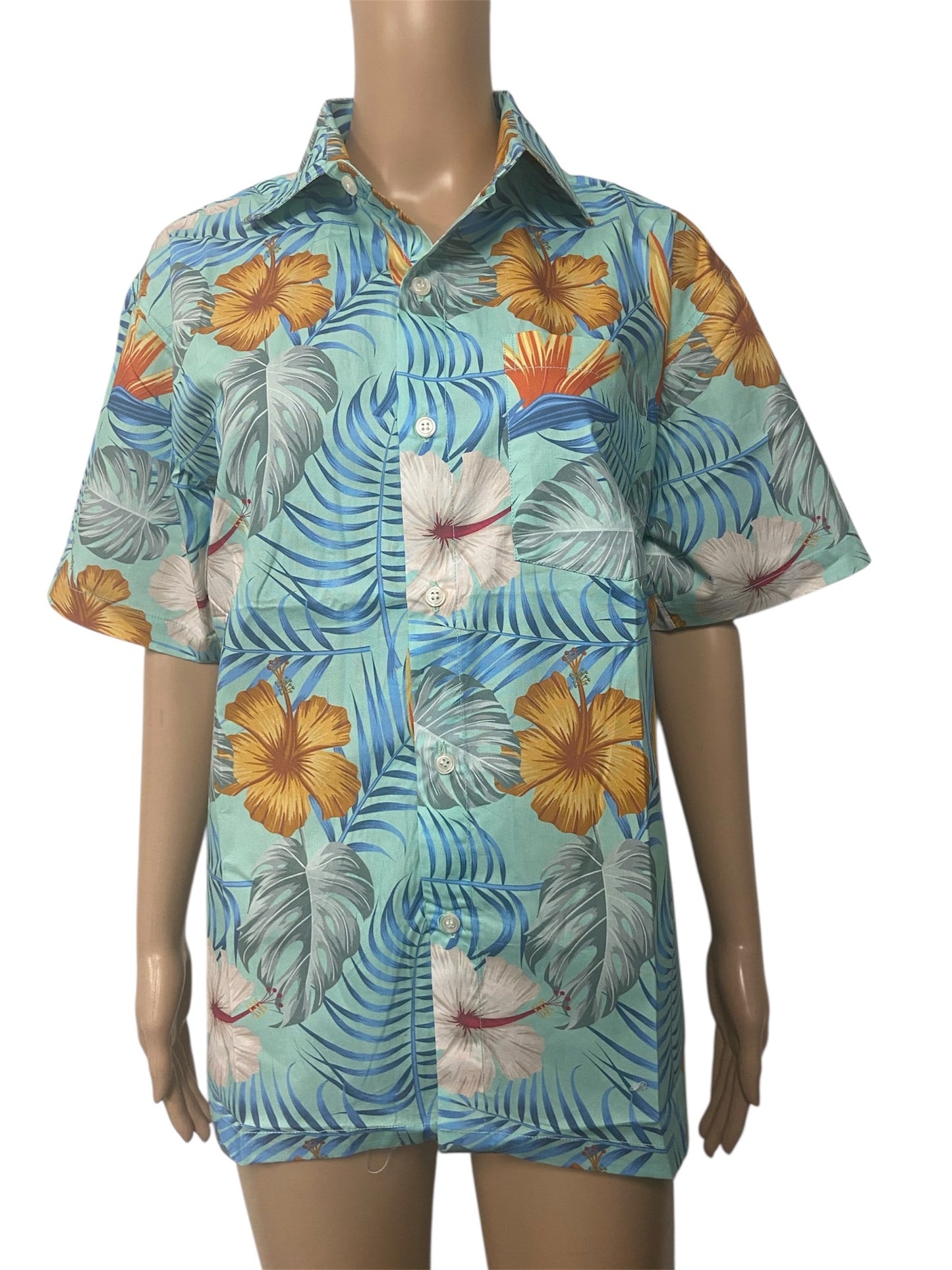 Aqua Tropical Hibiscus Print Button Down Shirt
