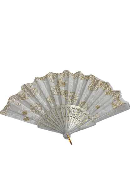 White and Gold Hand Fan With Gold Glitter Detail (M)