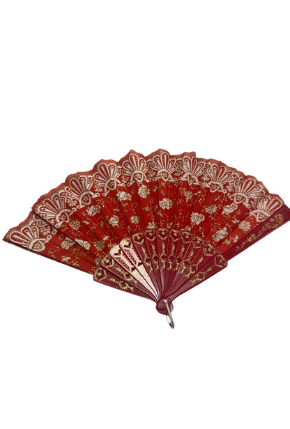 Red and Gold Hand Fan With Roses