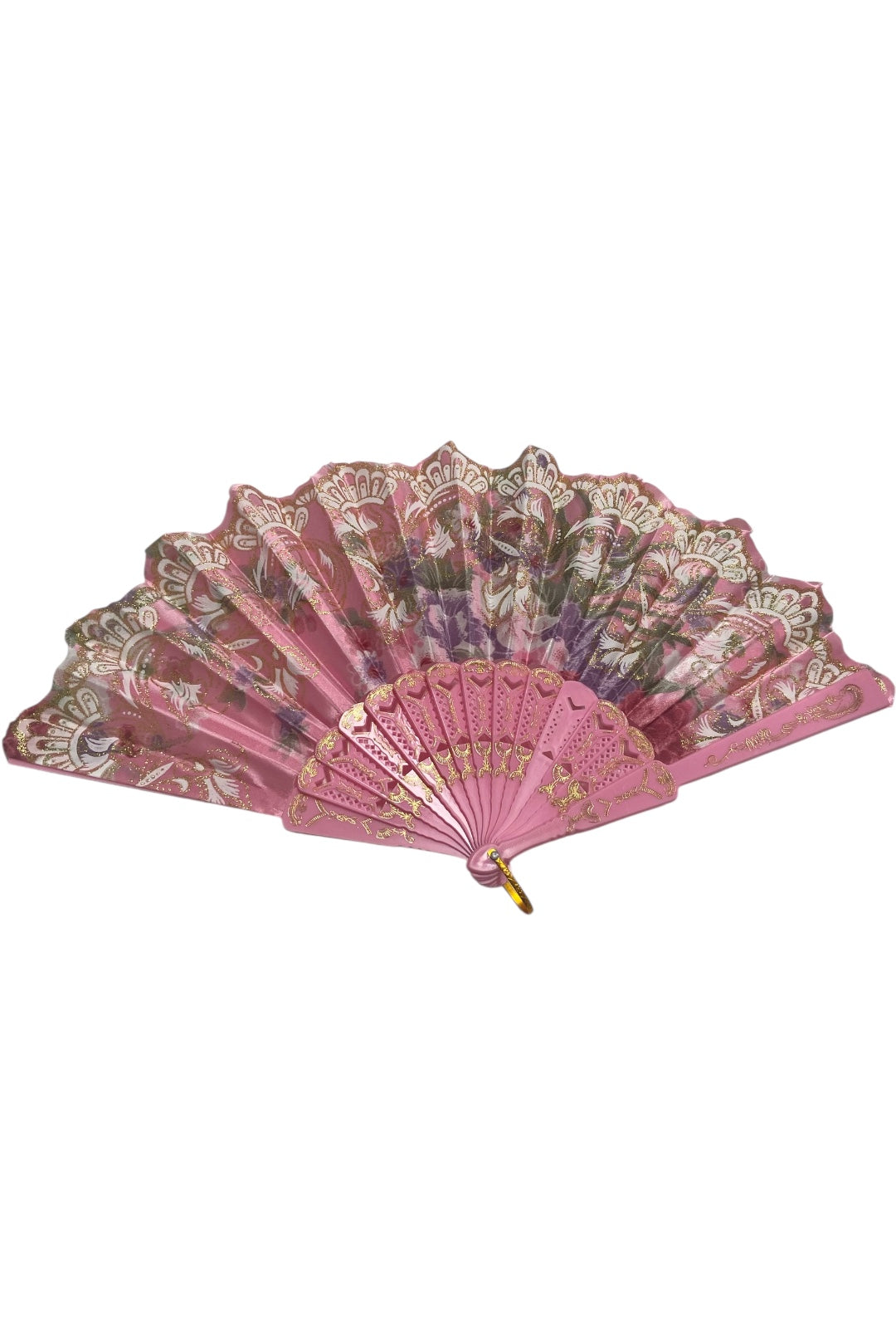 Pink and Gold Hand Fan With Flowers