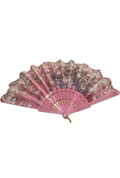 Pink and Gold Hand Fan With Flowers