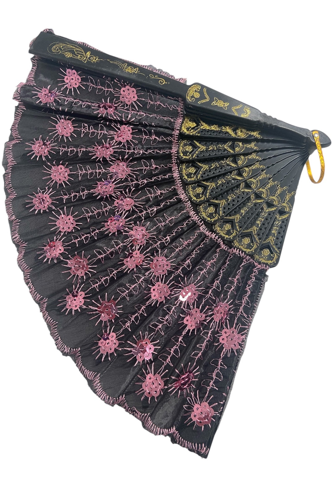 Black Hand Fan With Light Pink Sequins