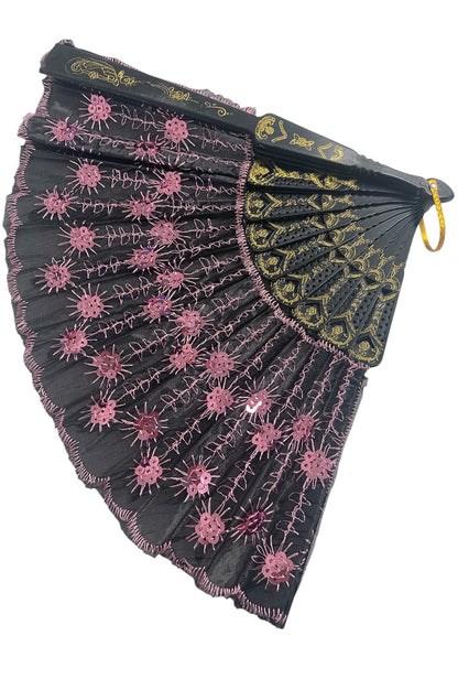 Black Hand Fan With Light Pink Sequins