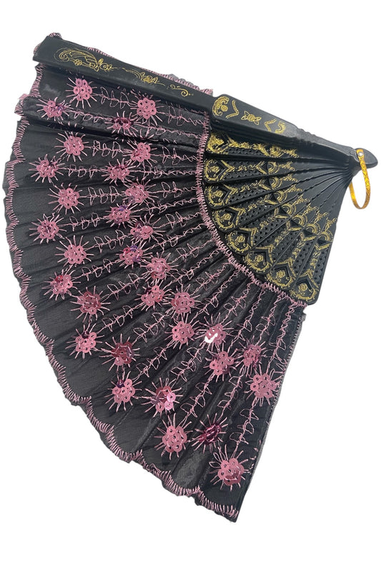 Black Hand Fan With Light Pink Sequins