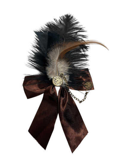 Steampunk Brown Hair Bow with Clock