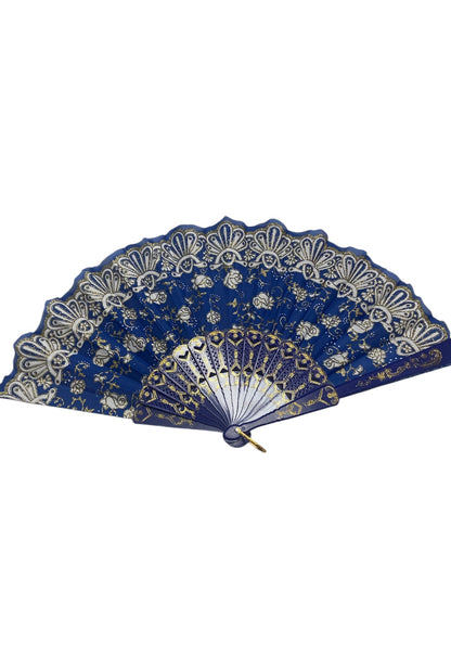Dark Blue and Gold Hand Fan With Roses