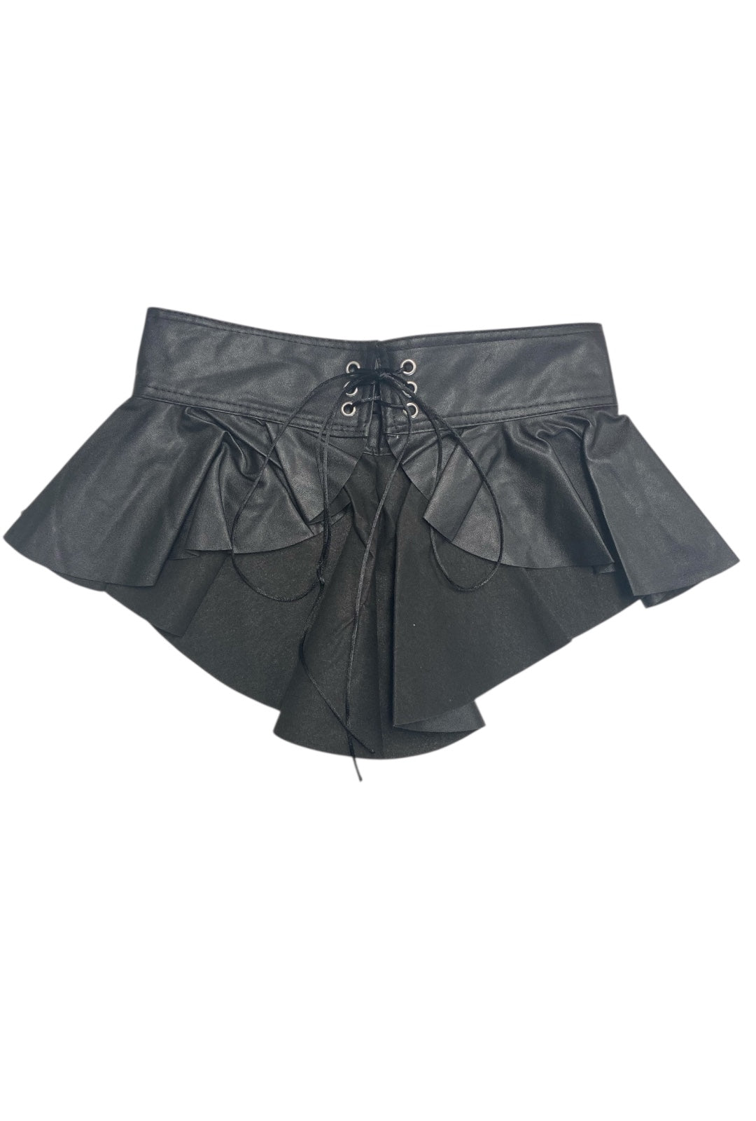 Lace Up Black Leather-Look Pleated Micro Mini Skirt