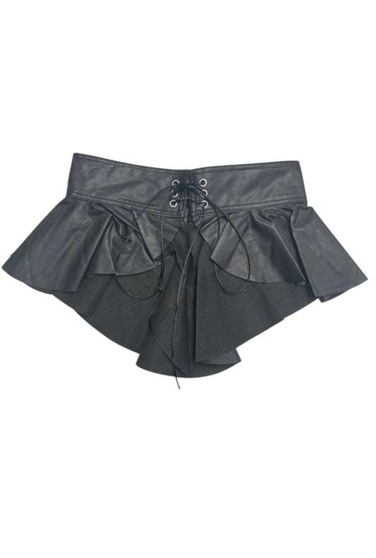 Lace Up Black Leather-Look Pleated Micro Mini Skirt