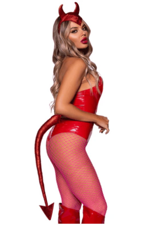 Red Glittery Devil Horns Headband and Pin on Red Glittery Forked Tail
